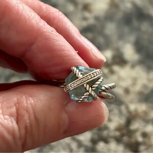 David Yurman Sterling Silver Cable Wrap Ring. Blue Topaz and diamonds. size 6
